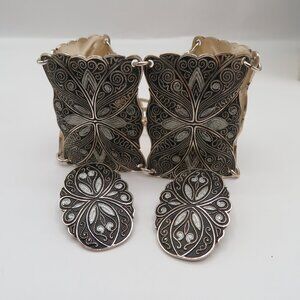 Vintage West Germany Tin Filigree Panel Bracelet and Earrings Set